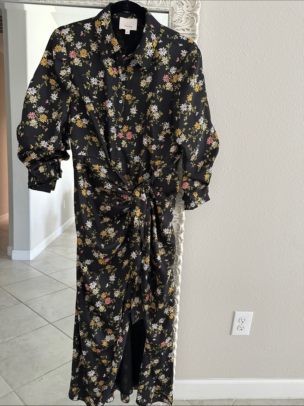 cinq a sept Jacey Floating Daisies Black Floral Midi Shirt Dress with Tie-Waist